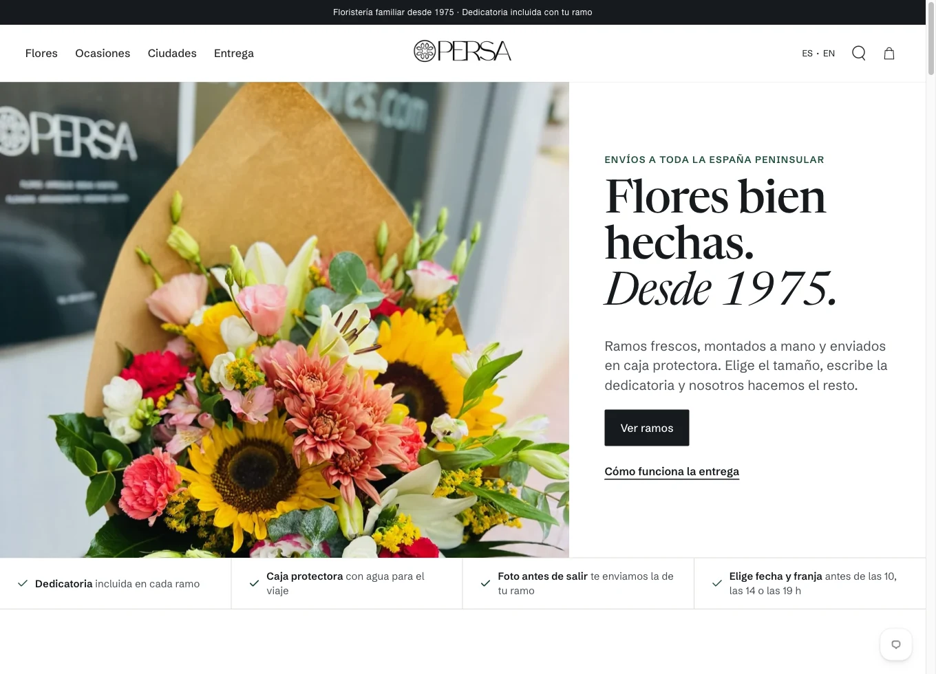 Persa Flores D1 website redesign, with a bouquet photograph and editorial storefront layout